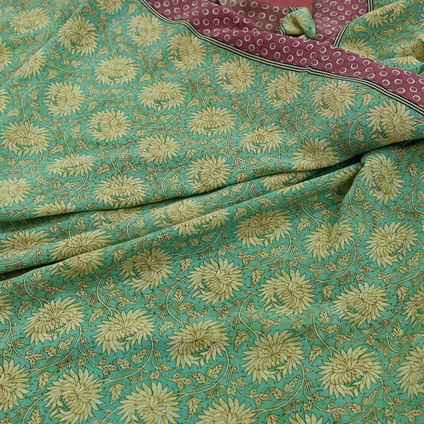 Indian Vintage Sari Green & Pink Pure Crepe Silk Printed Saree 5yd Sewing Floral Soft Craft Fabric Wrap Dress making Crafting Quilting