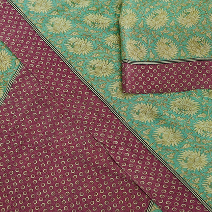 Indian Vintage Sari Green & Pink Pure Crepe Silk Printed Saree 5yd Sewing Floral Soft Craft Fabric Wrap Dress making Crafting Quilting