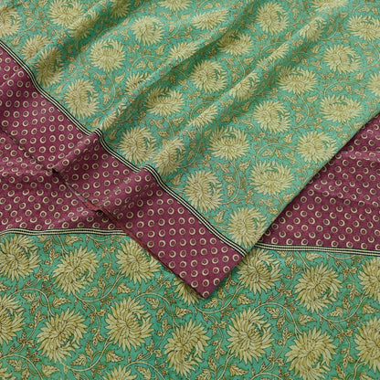 Indian Vintage Sari Green & Pink Pure Crepe Silk Printed Saree 5yd Sewing Floral Soft Craft Fabric Wrap Dress making Crafting Quilting