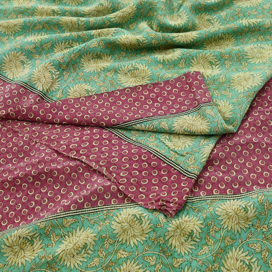 Indian Vintage Sari Green & Pink Pure Crepe Silk Printed Saree 5yd Sewing Floral Soft Craft Fabric Wrap Dress making Crafting Quilting