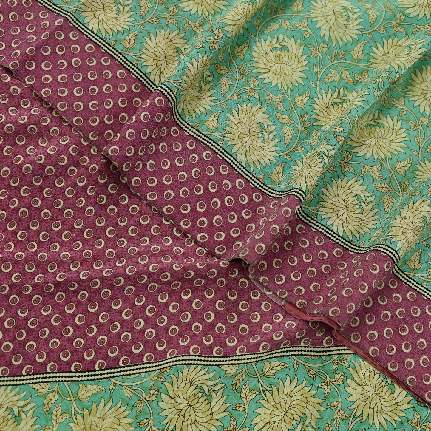 Indian Vintage Sari Green & Pink Pure Crepe Silk Printed Saree 5yd Sewing Floral Soft Craft Fabric Wrap Dress making Crafting Quilting