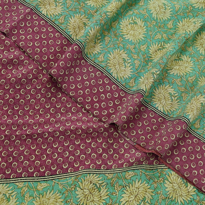 Indian Vintage Sari Green & Pink Pure Crepe Silk Printed Saree 5yd Sewing Floral Soft Craft Fabric Wrap Dress making Crafting Quilting