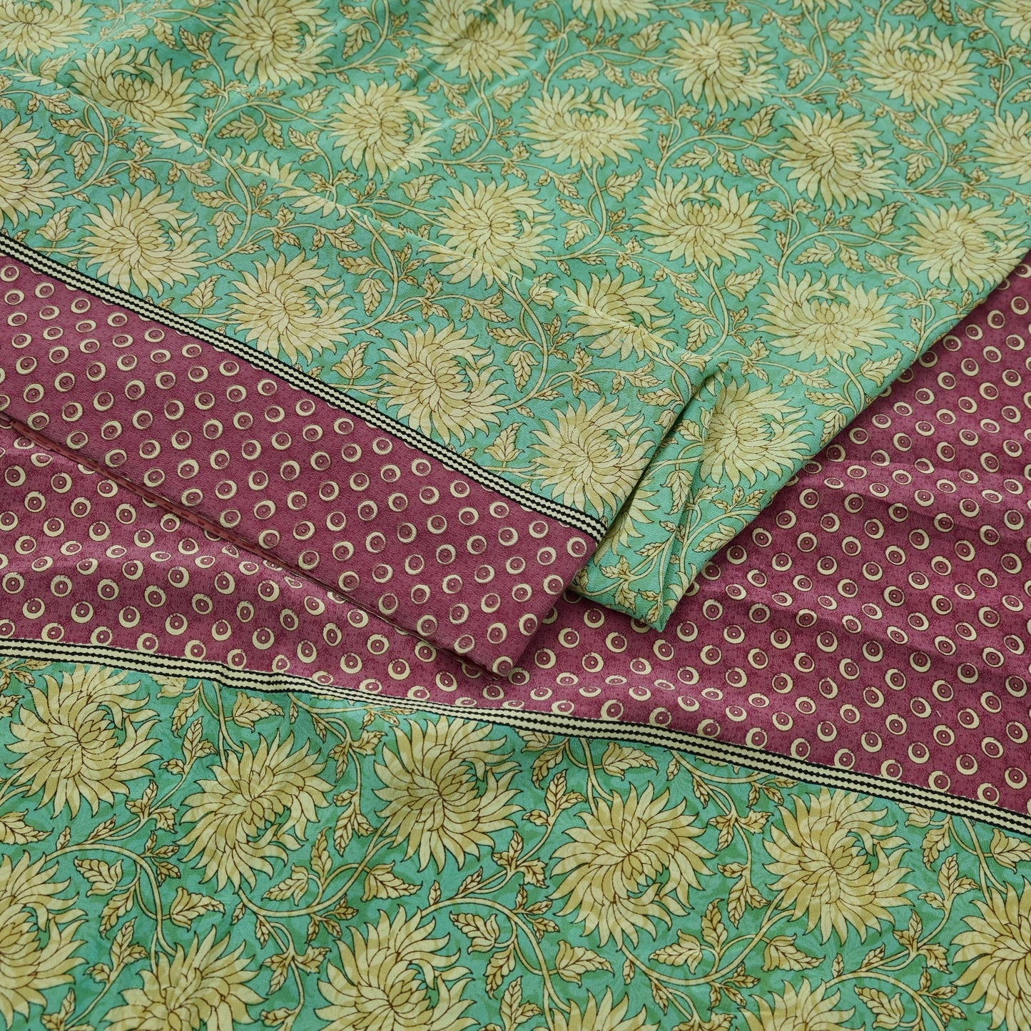 Indian Vintage Sari Green & Pink Pure Crepe Silk Printed Saree 5yd Sewing Floral Soft Craft Fabric Wrap Dress making Crafting Quilting