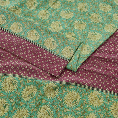 Indian Vintage Sari Green & Pink Pure Crepe Silk Printed Saree 5yd Sewing Floral Soft Craft Fabric Wrap Dress making Crafting Quilting