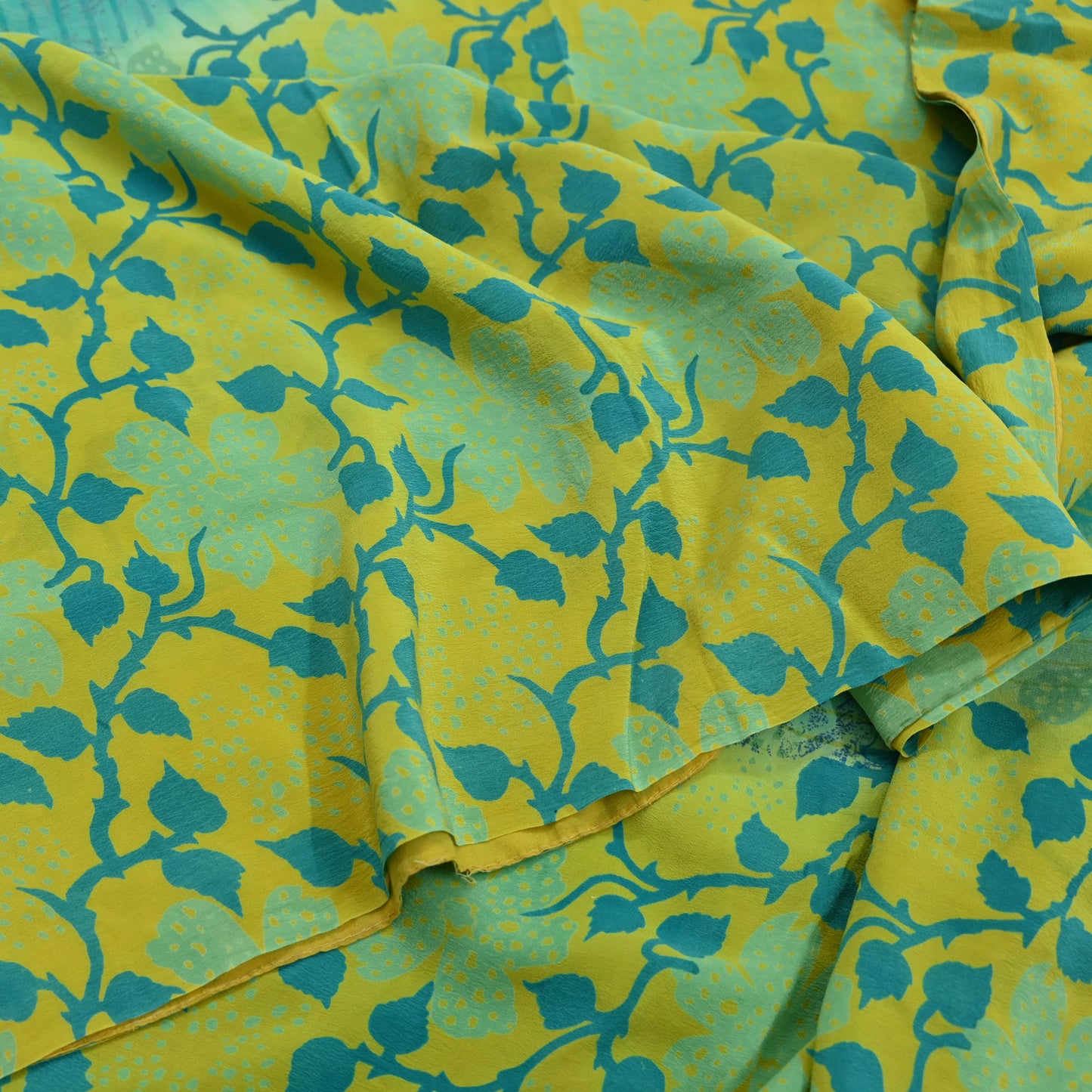 Indian Vintage Sari Lemon & Green Pure Crepe Silk Printed Saree 5yard Sewing Floral Soft Craft Fabric Wrap