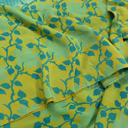 Indian Vintage Sari Lemon & Green Pure Crepe Silk Printed Saree 5yard Sewing Floral Soft Craft Fabric Wrap