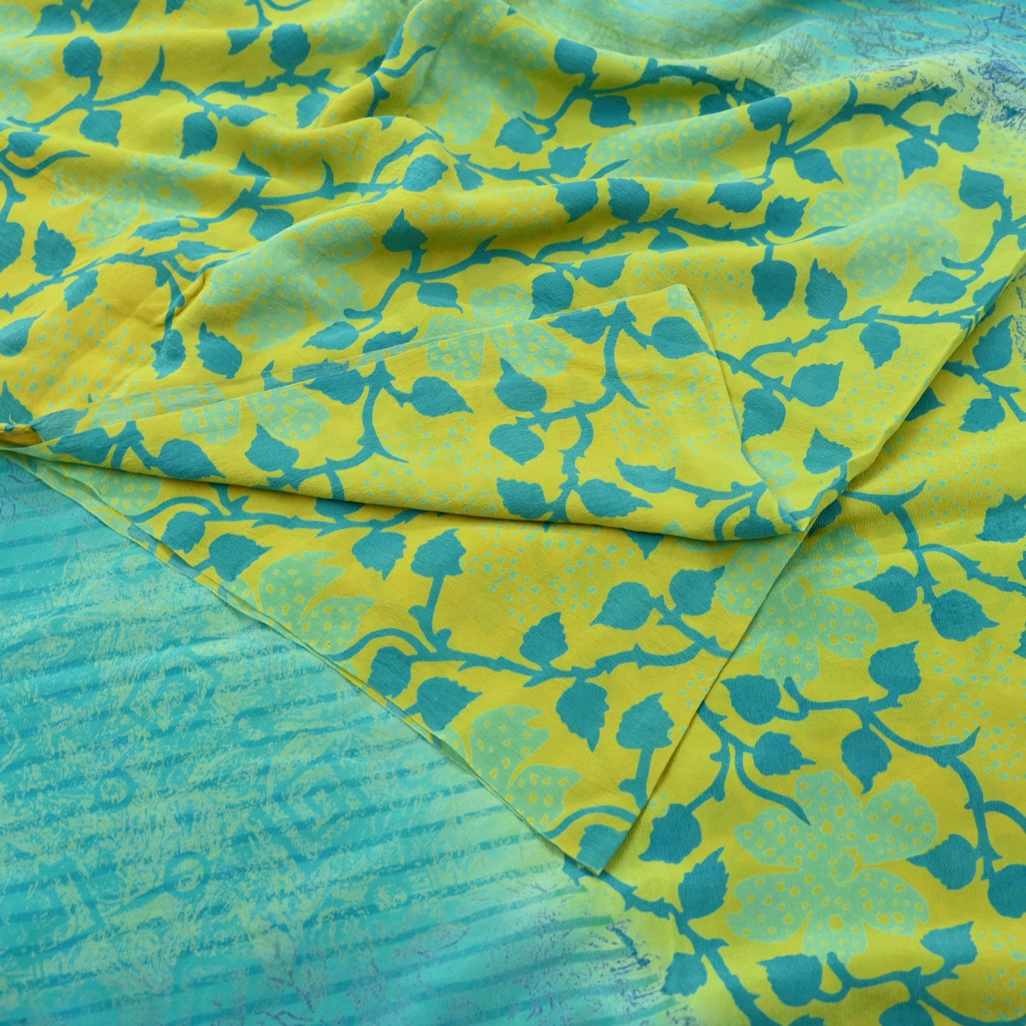 Indian Vintage Sari Lemon & Green Pure Crepe Silk Printed Saree 5yard Sewing Floral Soft Craft Fabric Wrap