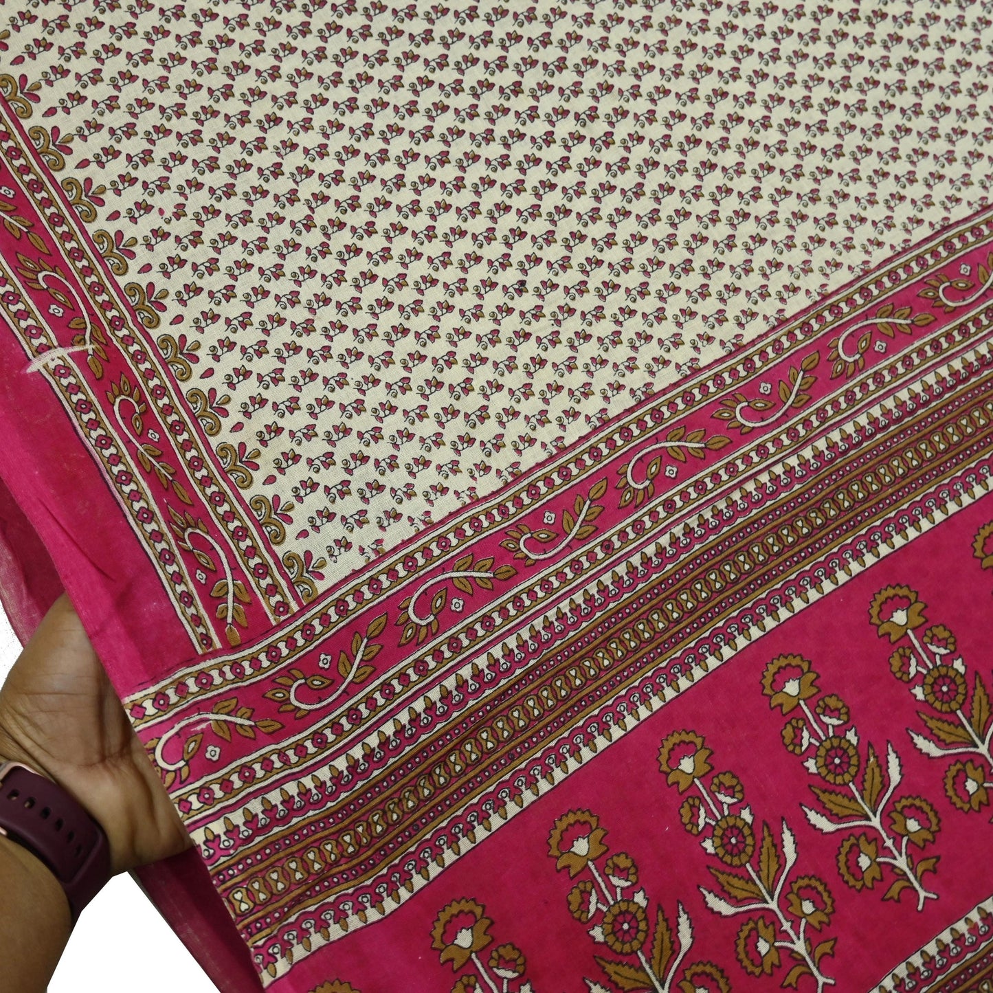 Indian Vintage Sari Ivory & Pink Printed Blend Cotton Saree Craft Fabric 5Yd Soft Sewing Sarong Wrap Boho Floral Dress making Crafting