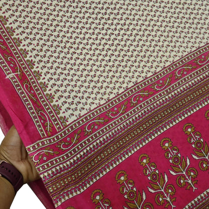 Indian Vintage Sari Ivory & Pink Printed Blend Cotton Saree Craft Fabric 5Yd Soft Sewing Sarong Wrap Boho Floral Dress making Crafting