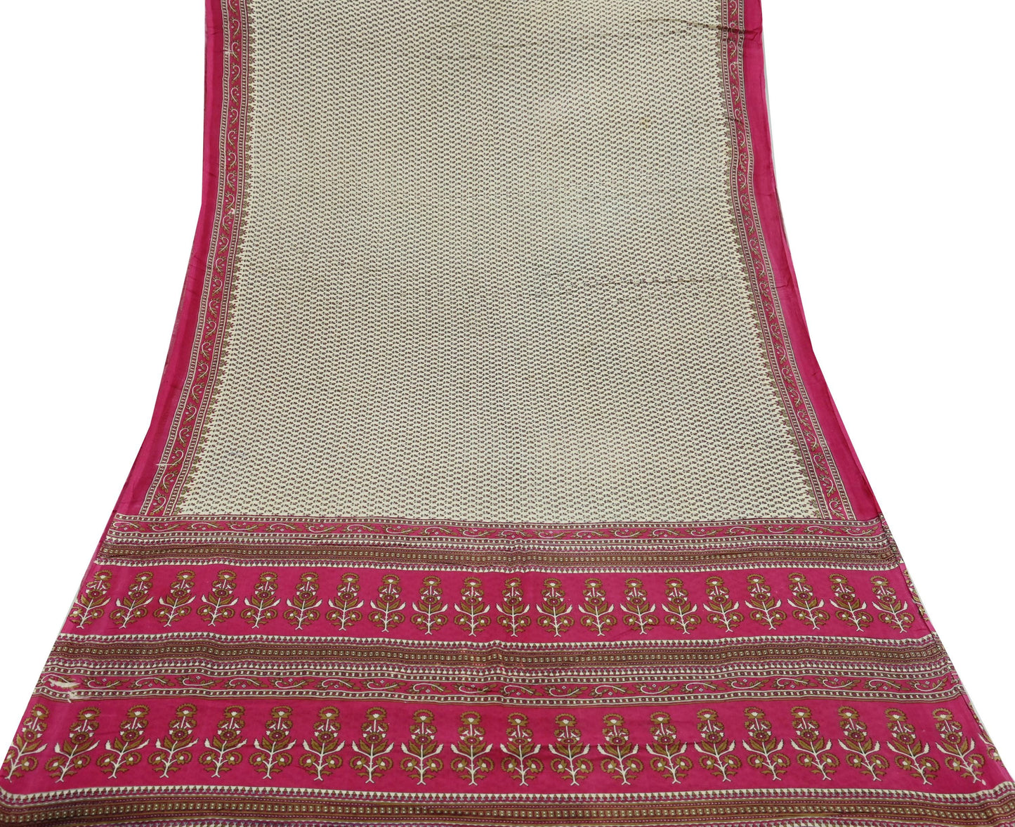 Indian Vintage Sari Ivory & Pink Printed Blend Cotton Saree Craft Fabric 5Yd Soft Sewing Sarong Wrap Boho Floral Dress making Crafting