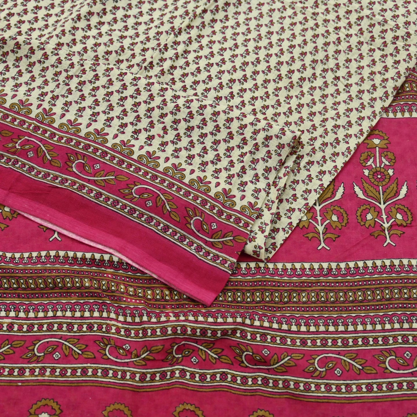 Indian Vintage Sari Ivory & Pink Printed Blend Cotton Saree Craft Fabric 5Yd Soft Sewing Sarong Wrap Boho Floral Dress making Crafting