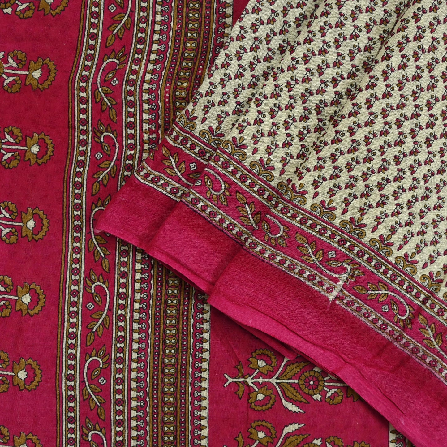 Indian Vintage Sari Ivory & Pink Printed Blend Cotton Saree Craft Fabric 5Yd Soft Sewing Sarong Wrap Boho Floral Dress making Crafting