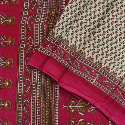 Indian Vintage Sari Ivory & Pink Printed Blend Cotton Saree Craft Fabric 5Yd Soft Sewing Sarong Wrap Boho Floral Dress making Crafting
