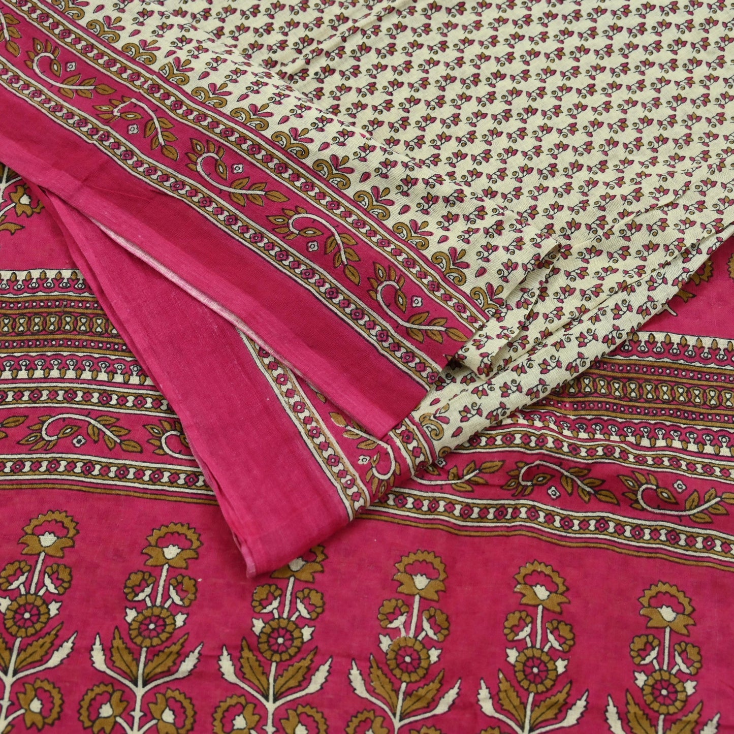 Indian Vintage Sari Ivory & Pink Printed Blend Cotton Saree Craft Fabric 5Yd Soft Sewing Sarong Wrap Boho Floral Dress making Crafting