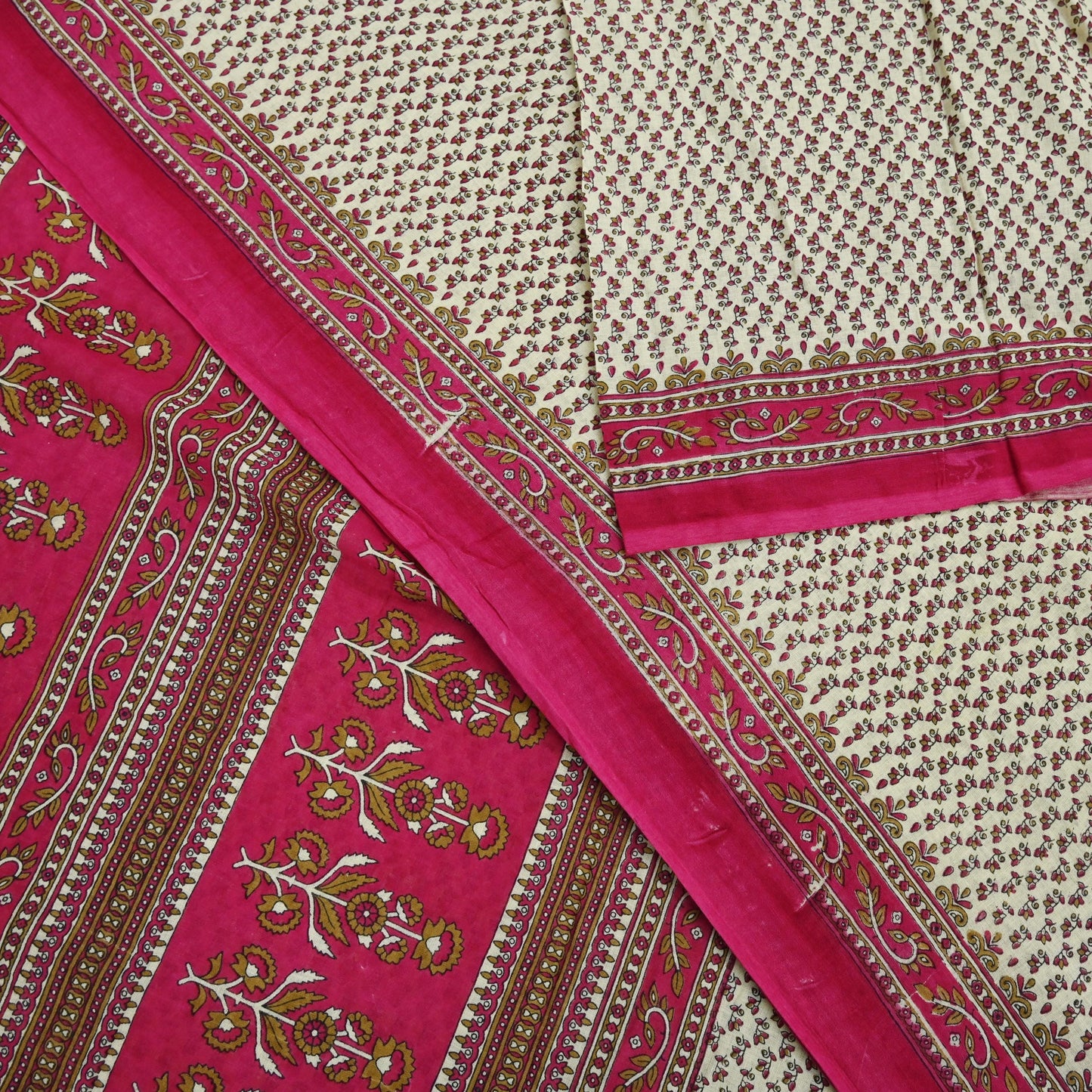 Indian Vintage Sari Ivory & Pink Printed Blend Cotton Saree Craft Fabric 5Yd Soft Sewing Sarong Wrap Boho Floral Dress making Crafting