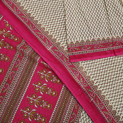 Indian Vintage Sari Ivory & Pink Printed Blend Cotton Saree Craft Fabric 5Yd Soft Sewing Sarong Wrap Boho Floral Dress making Crafting