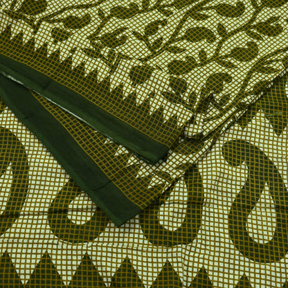Indian Vintage Sari Green & Ivory Printed Pure Cotton Sarees 5Yd Craft Fabric Soft Sewing Sarong Wrap Boho Upcycle quilting Dress making