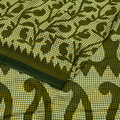Indian Vintage Sari Green & Ivory Printed Pure Cotton Sarees 5Yd Craft Fabric Soft Sewing Sarong Wrap Boho Upcycle quilting Dress making