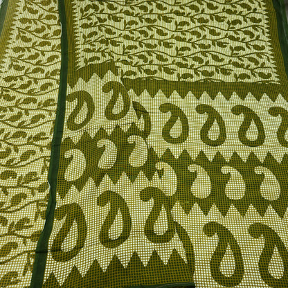 Indian Vintage Sari Green & Ivory Printed Pure Cotton Sarees 5Yd Craft Fabric Soft Sewing Sarong Wrap Boho Upcycle quilting Dress making