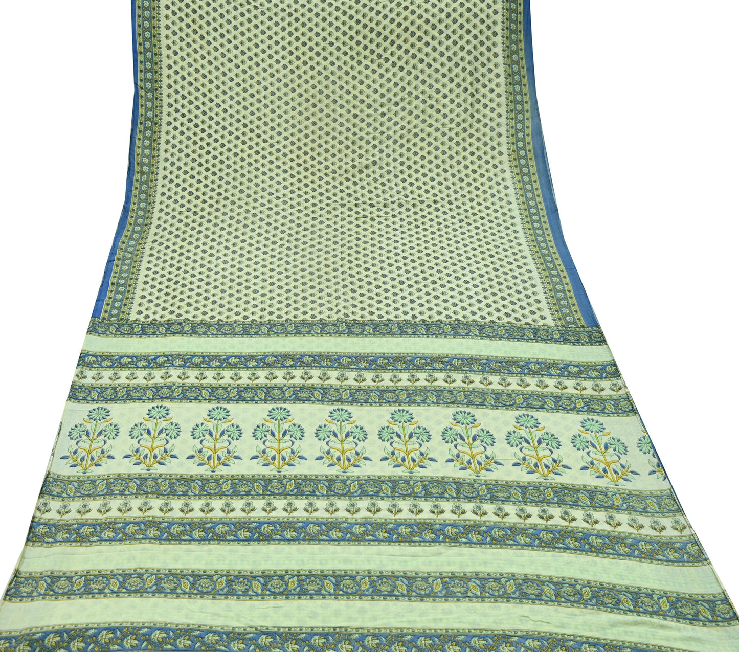 Indian Vintage Sari Ivory Block Printed Pure Cotton Sarees 5Yd Craft Fabric Soft Sewing Sarong Wrap Boho Upcycle quilting Dress making