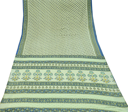 Indian Vintage Sari Ivory Block Printed Pure Cotton Sarees 5Yd Craft Fabric Soft Sewing Sarong Wrap Boho Upcycle quilting Dress making