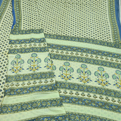 Indian Vintage Sari Ivory Block Printed Pure Cotton Sarees 5Yd Craft Fabric Soft Sewing Sarong Wrap Boho Upcycle quilting Dress making