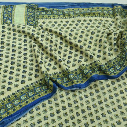 Indian Vintage Sari Ivory Block Printed Pure Cotton Sarees 5Yd Craft Fabric Soft Sewing Sarong Wrap Boho Upcycle quilting Dress making