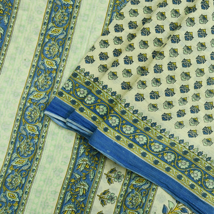 Indian Vintage Sari Ivory Block Printed Pure Cotton Sarees 5Yd Craft Fabric Soft Sewing Sarong Wrap Boho Upcycle quilting Dress making