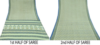 Indian Vintage Sari Ivory Block Printed Pure Cotton Sarees 5Yd Craft Fabric Soft Sewing Sarong Wrap Boho Upcycle quilting Dress making