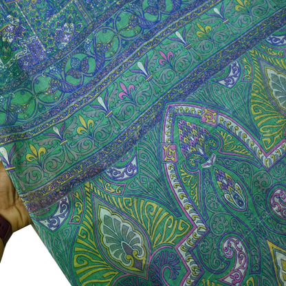 Indian Vintage Sari Green & Blue 100% Pure Silk Printed Sarees 5yd Sewing Craft Fabric Dress Making Soft Wrap Crafting Quilting Upcycle