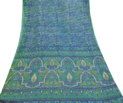 Indian Vintage Sari Green & Blue 100% Pure Silk Printed Sarees 5yd Sewing Craft Fabric Dress Making Soft Wrap Crafting Quilting Upcycle