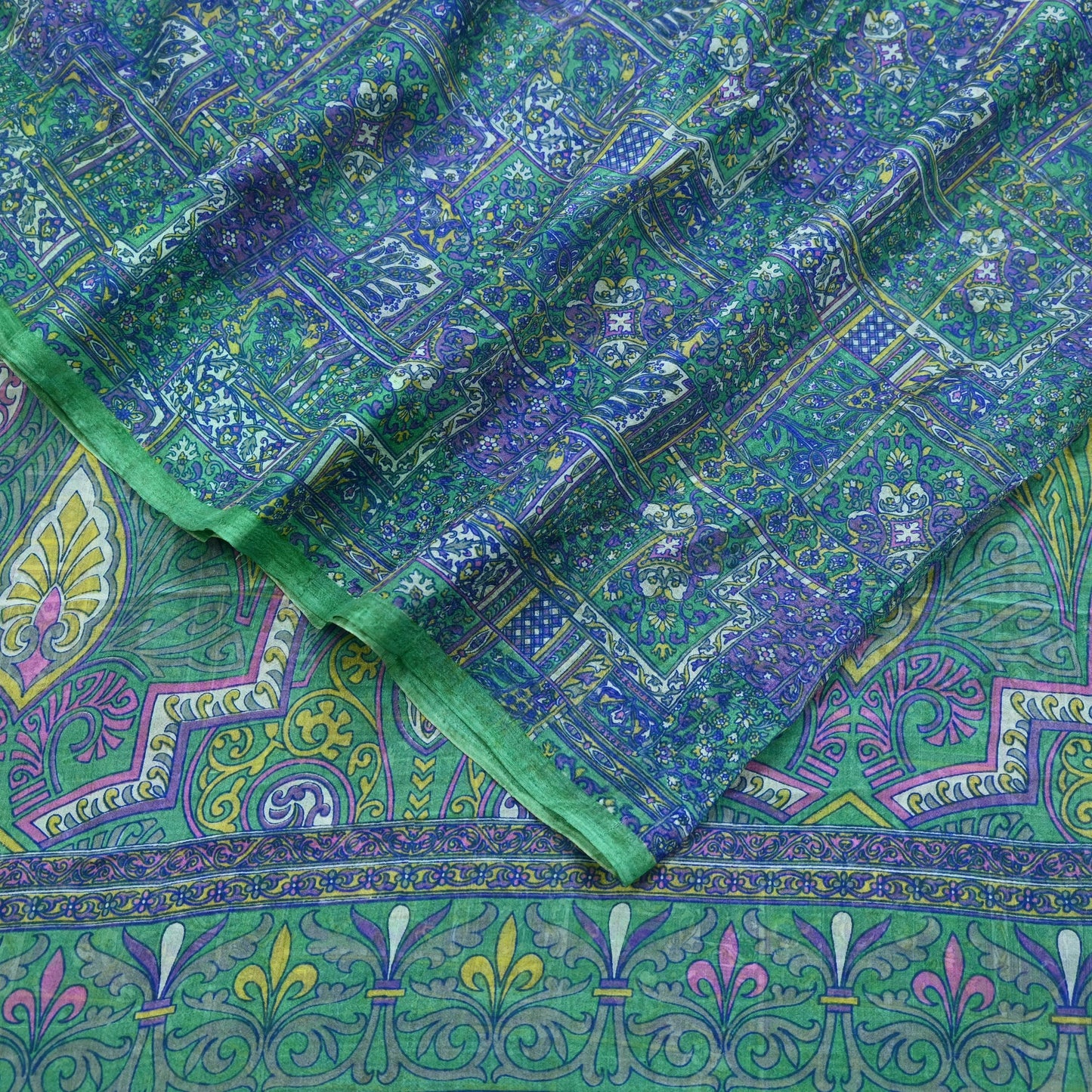 Indian Vintage Sari Green & Blue 100% Pure Silk Printed Sarees 5yd Sewing Craft Fabric Dress Making Soft Wrap Crafting Quilting Upcycle