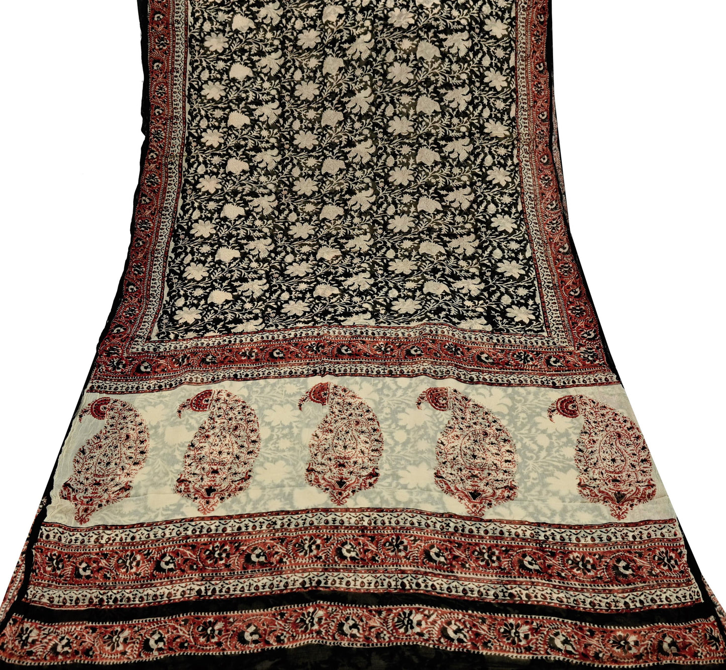 Indian Women Vintage Peach & Black Saree Pure Chiffon Silk Printed Sari Craft Fabric Sewing 6Yd Soft Light Sari Dress Making
