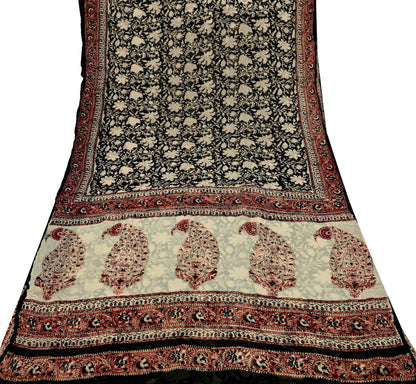 Indian Women Vintage Peach & Black Saree Pure Chiffon Silk Printed Sari Craft Fabric Sewing 6Yd Soft Light Sari Dress Making