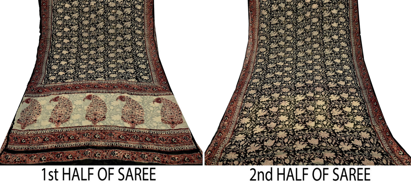 Indian Women Vintage Peach & Black Saree Pure Chiffon Silk Printed Sari Craft Fabric Sewing 6Yd Soft Light Sari Dress Making