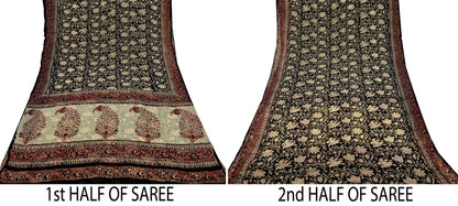 Indian Women Vintage Peach & Black Saree Pure Chiffon Silk Printed Sari Craft Fabric Sewing 6Yd Soft Light Sari Dress Making
