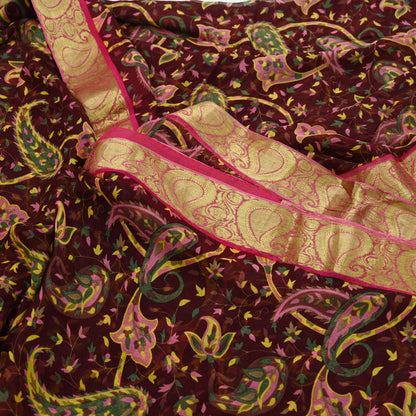 Women Vintage Sari Pink & Maroon Pure Chiffon Silk Printed Sarees Craft Fabric Sewing 6Yd Soft Light Sari Dress Making