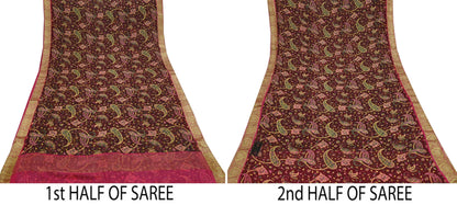 Women Vintage Sari Pink & Maroon Pure Chiffon Silk Printed Sarees Craft Fabric Sewing 6Yd Soft Light Sari Dress Making