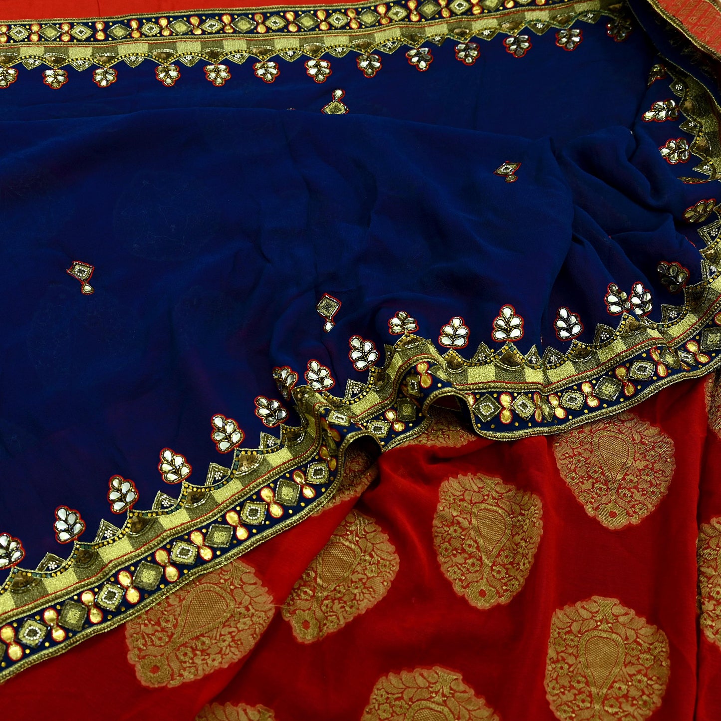 Indian Vintage Heavy Sari Red & Blue Pure Georgette Silk Hand Embroidered Sarees Craft Fabric 5Yd Sewing Ethnic