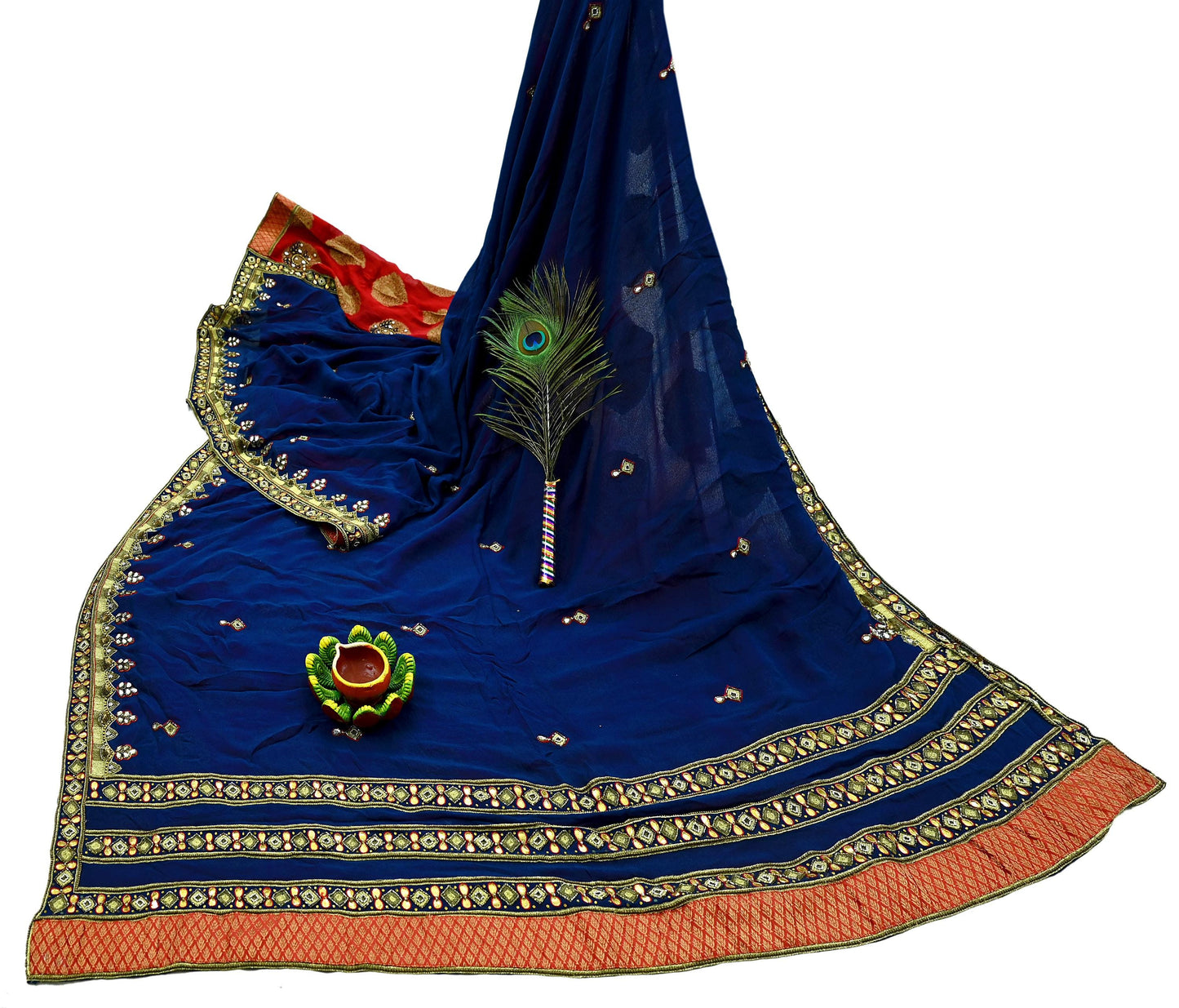 Indian Vintage Heavy Sari Red & Blue Pure Georgette Silk Hand Embroidered Sarees Craft Fabric 5Yd Sewing Ethnic