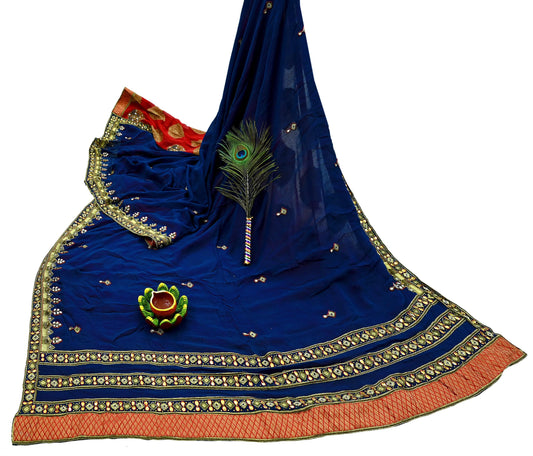 Indian Vintage Heavy Sari Red & Blue Pure Georgette Silk Hand Embroidered Sarees Craft Fabric 5Yd Sewing Ethnic