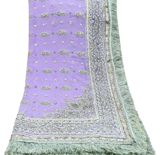 Indian Vintage Heavy Purple Dupatta Pure Georgette Silk Long Stole Hand Embroidered Scarf Zardozi/Dabka Zari Sequins