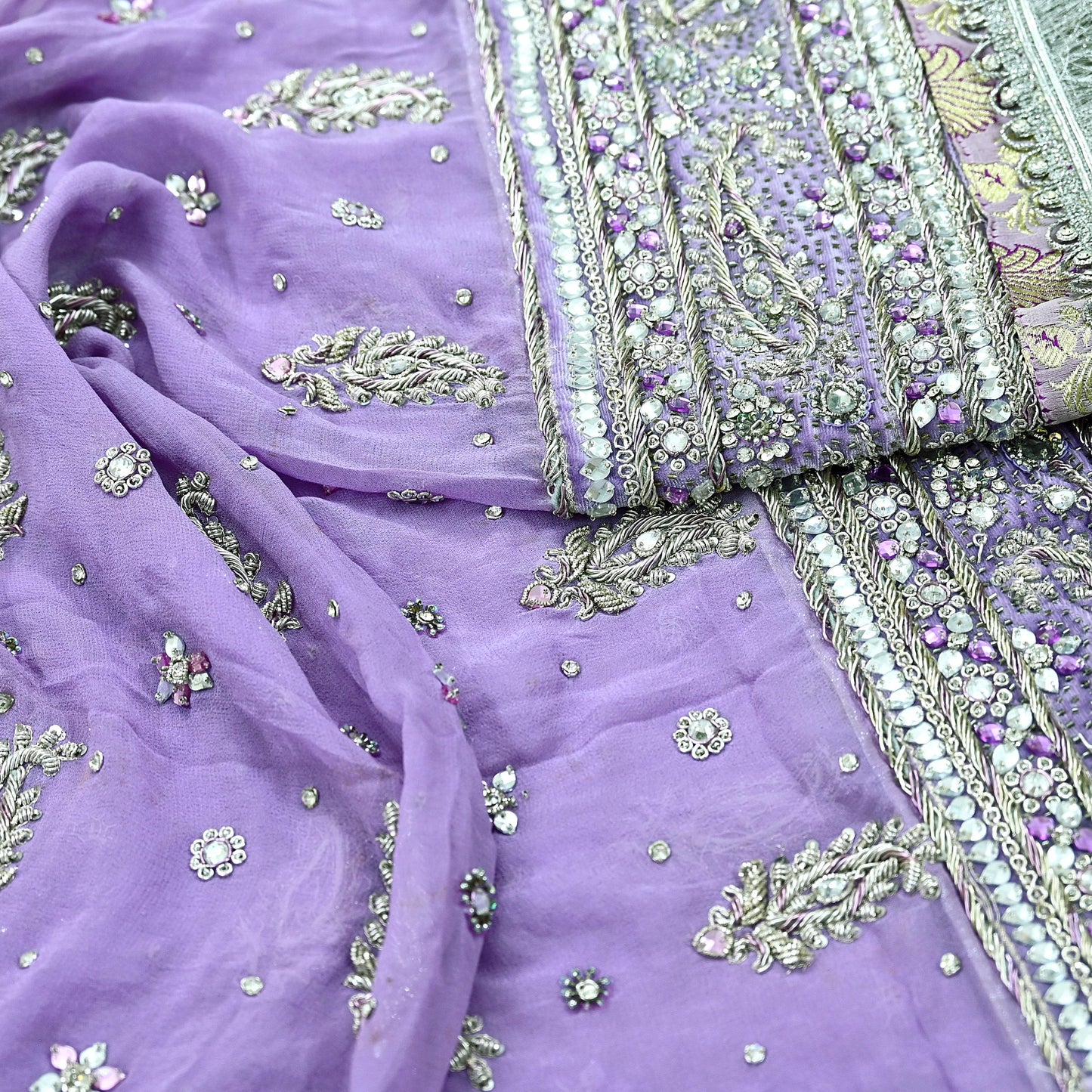 Indian Vintage Heavy Purple Dupatta Pure Georgette Silk Long Stole Hand Embroidered Scarf Zardozi/Dabka Zari Sequins