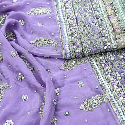 Indian Vintage Heavy Purple Dupatta Pure Georgette Silk Long Stole Hand Embroidered Scarf Zardozi/Dabka Zari Sequins