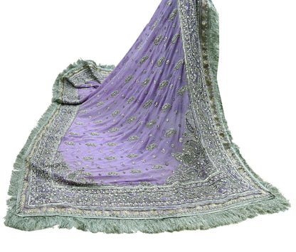 Indian Vintage Heavy Purple Dupatta Pure Georgette Silk Long Stole Hand Embroidered Scarf Zardozi/Dabka Zari Sequins