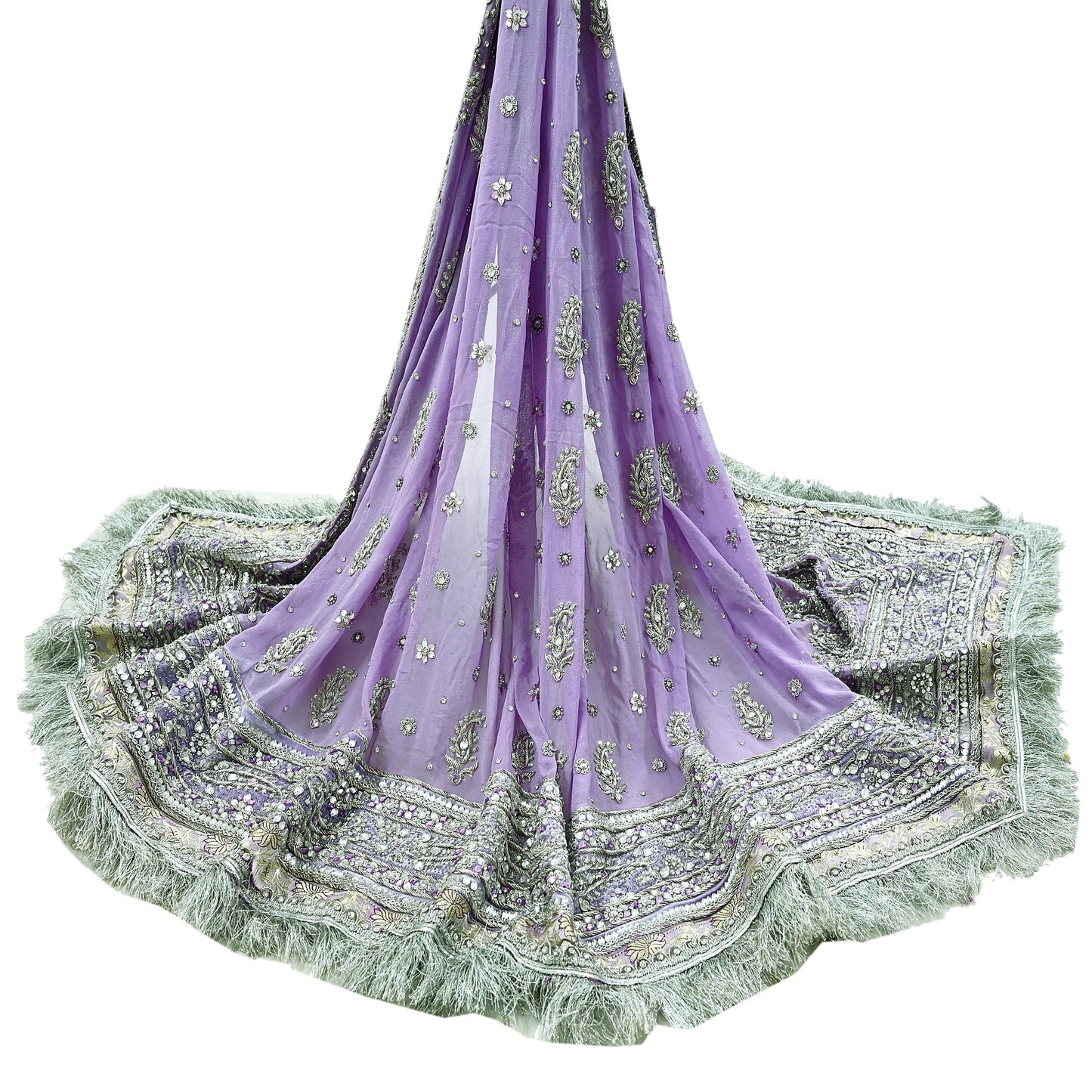 Indian Vintage Heavy Purple Dupatta Pure Georgette Silk Long Stole Hand Embroidered Scarf Zardozi/Dabka Zari Sequins