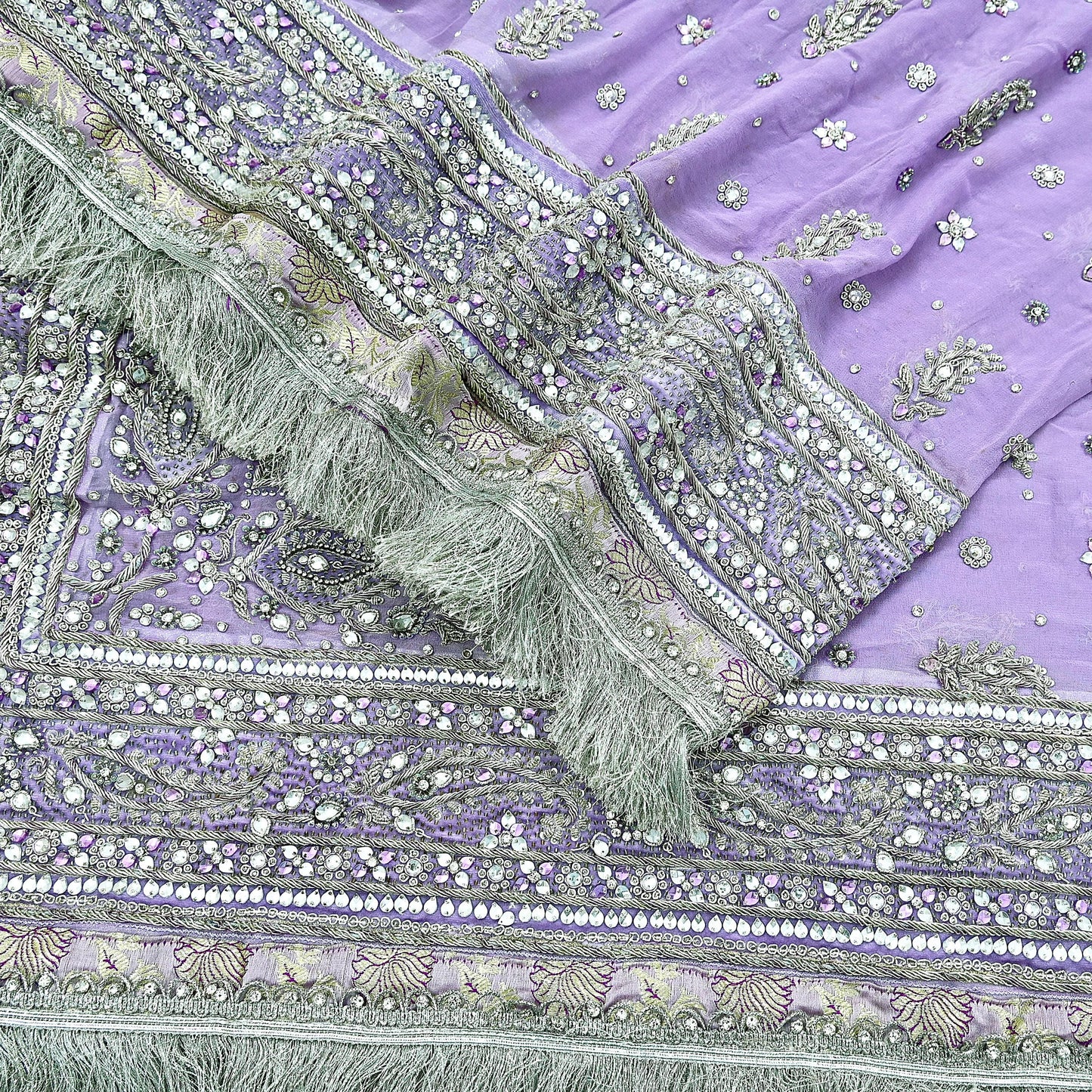 Indian Vintage Heavy Purple Dupatta Pure Georgette Silk Long Stole Hand Embroidered Scarf Zardozi/Dabka Zari Sequins
