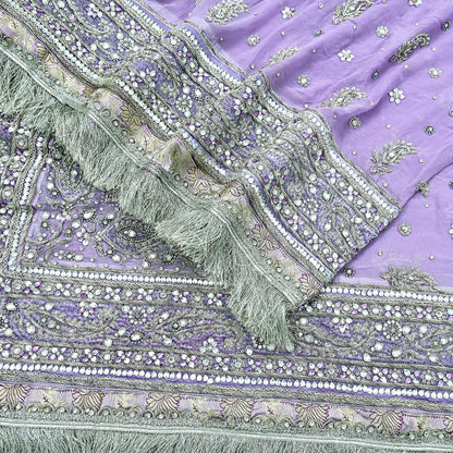 Indian Vintage Heavy Purple Dupatta Pure Georgette Silk Long Stole Hand Embroidered Scarf Zardozi/Dabka Zari Sequins