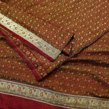 Indian Vintage Sari Maroon Heavy Wedding Pure Satin Silk Woven Banarasi Tanchoi Saree 5Yd Ethnic Craft Fabric Upcycle Bridal Heavy Sarees