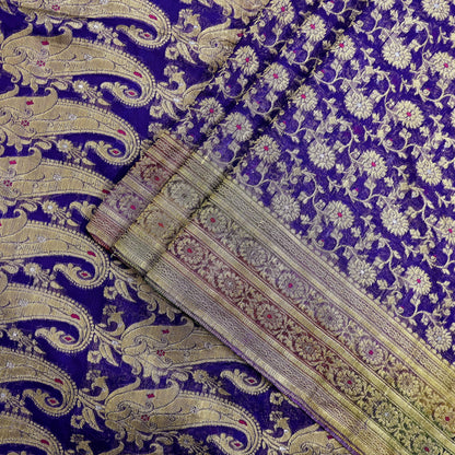 Indian Vintage Sari Heavy Purple Pure Organza Silk Woven Brocade Banarasi Sarees Zari 5Yd Ethnic Fabric Dress Making Wedding Sarees